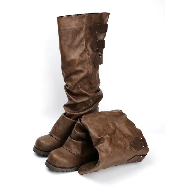 多色做旧堆堆靴女长筒靴不过膝靴子粗跟复古堆积靴皮带扣装饰套筒