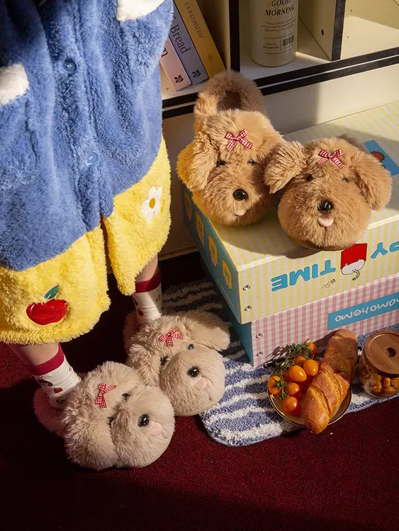 可爱马尔济斯小狗毛绒棉拖女秋冬季25新款蝴蝶结家居室内可爱拖鞋