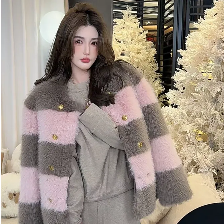 GUIDI GUDI【烟熏粉玫瑰】甜系条纹加厚长袖毛毛外套 W9441856H