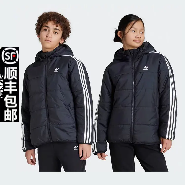 adidas阿迪达斯儿童装时尚百搭舒适三叶草黑色外套保暖棉服IY7497