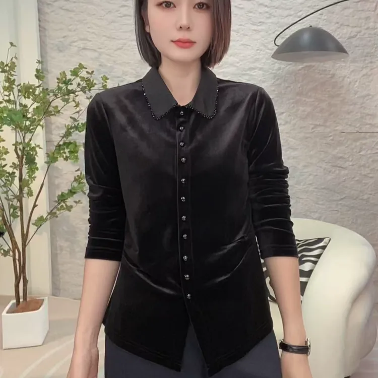 2025秋装丝绒简约收腰翻领珠珠女气质百搭上衣衬衣