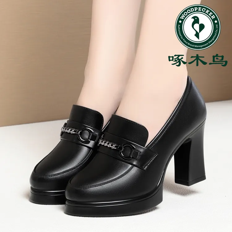 啄木鸟春秋百搭深口单鞋粗跟圆头防水台高跟鞋中年女士职业妈妈鞋