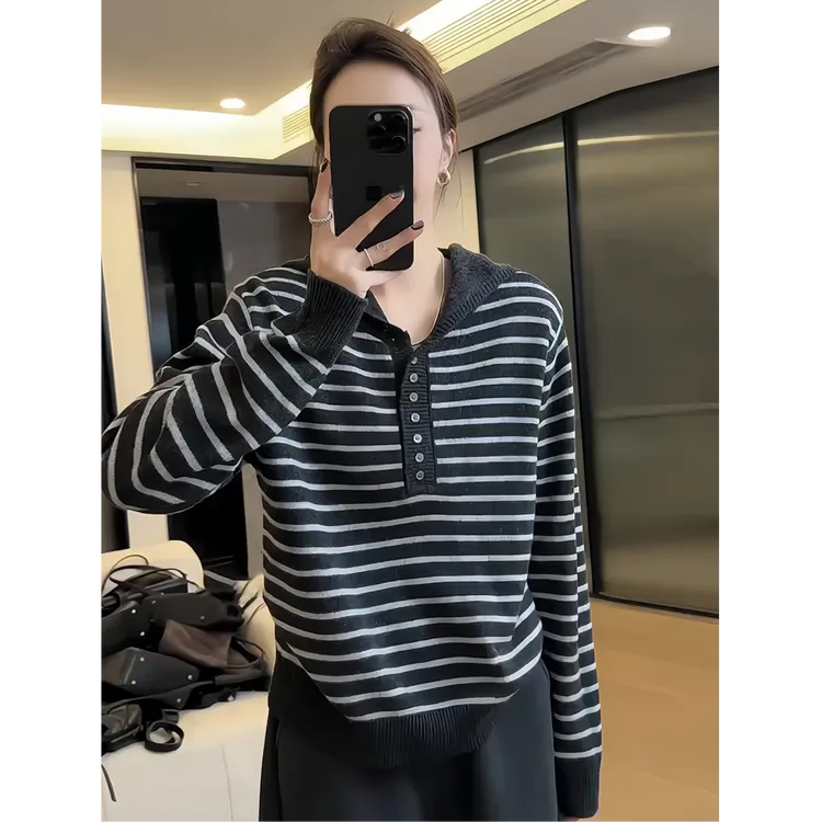 慵懒风早秋一整套韩版休闲风连帽条纹长袖针织衫百搭休闲直筒卫裤