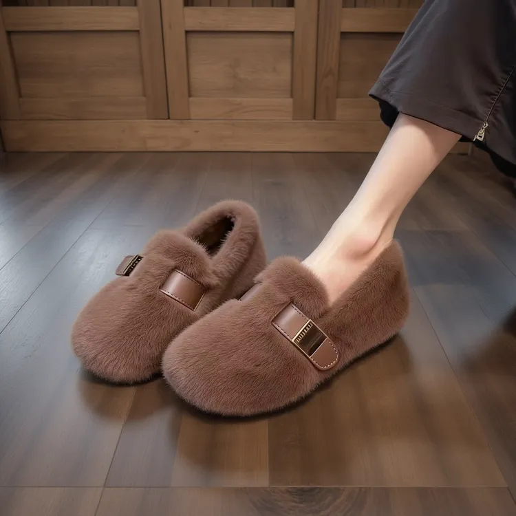 水貂绒毛毛鞋女2025新款冬季皮带扣网红软底防滑保暖加绒毛拖棉鞋
