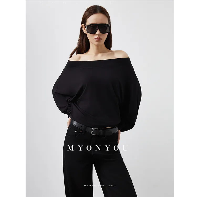 MYONYOU 小众设计 一字肩慵懒松弛感显瘦黑色宽松上衣