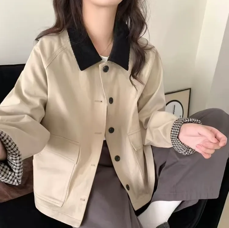 格纹复古短风衣外套灯芯绒拼接翻领小个子韩系休闲百搭通勤夹克女