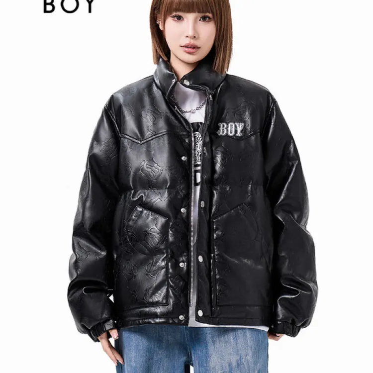 BOYLONDON情侣棉服短款2025年冬新款潮流暗纹压花仿皮棉衣N29021
