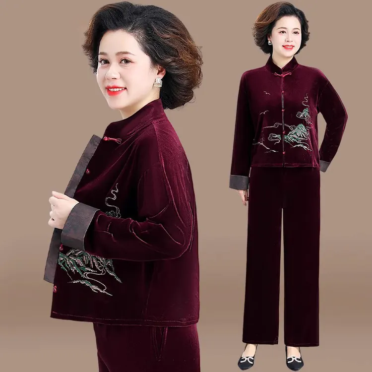 妈妈春装洋气金丝绒套装女2025新款中老年人春秋外套中式唐装上衣