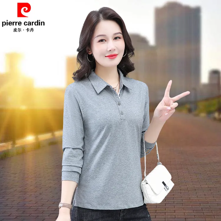 皮尔卡丹春秋新款女2025POLO衫翻领休闲长袖T恤有领百搭打底衫女