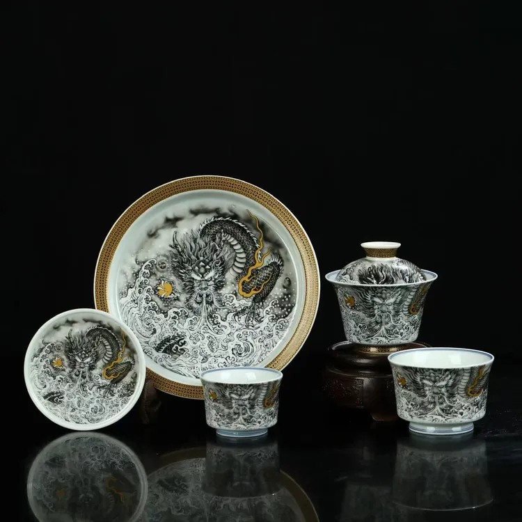 景德镇陶瓷  墨彩描金墨龙吐息茶具套组盖碗中式手工泡茶茶具茶杯