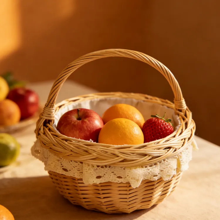 柳编编织手提野餐篮田园风蕾丝布艺收纳篮竹编收纳筐藤编储物篮子