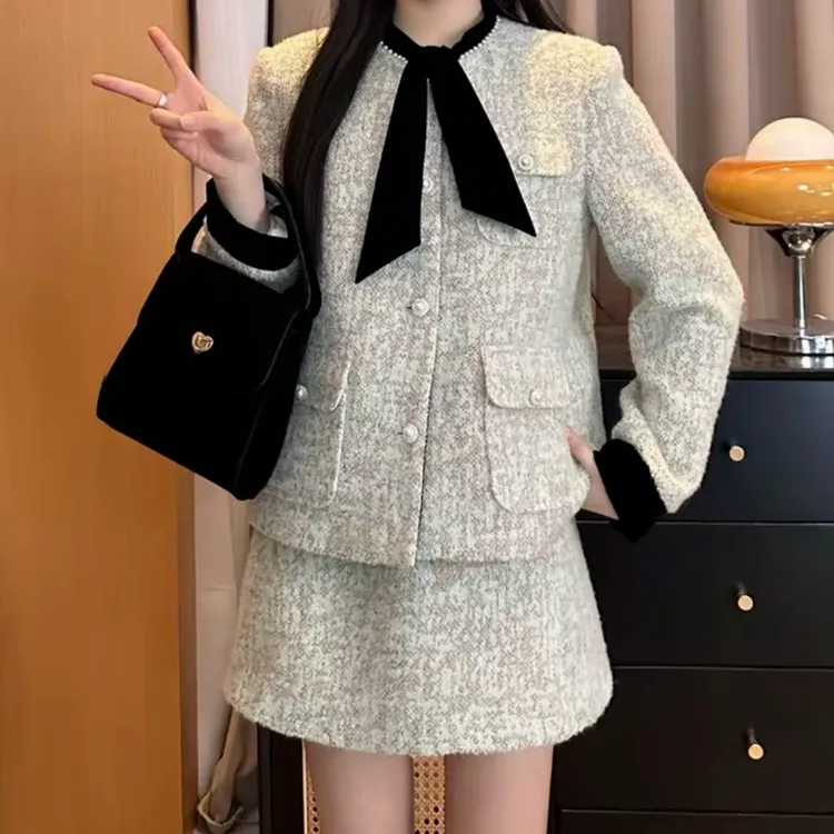 青柠森林NEW韩版小香风百搭针织洋气气质高腰法式显瘦时尚套装