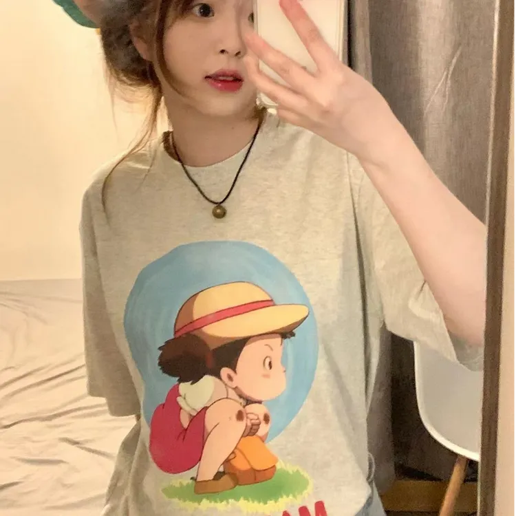 韩系卡通印花正肩短袖T恤女夏新款老钱风松弛感宽松洋气休闲上衣
