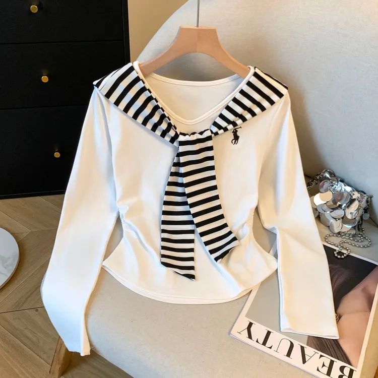 白色v领长袖T恤女士春秋薄款修身显瘦气质小个子百搭休闲披肩上衣