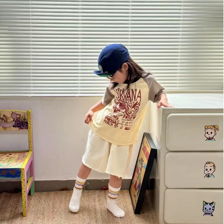 壹妈韩版童装女童夏季时髦套装洋气儿童字母印花t恤短袖休闲短裤