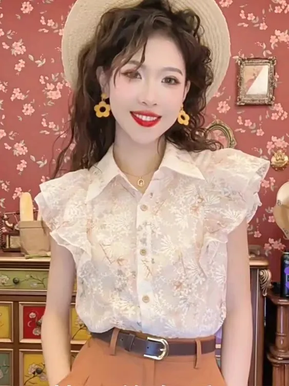 561#欧货复古提花衬衫女夏季翻领衬衣显瘦小飞袖减龄洋气漂亮上衣