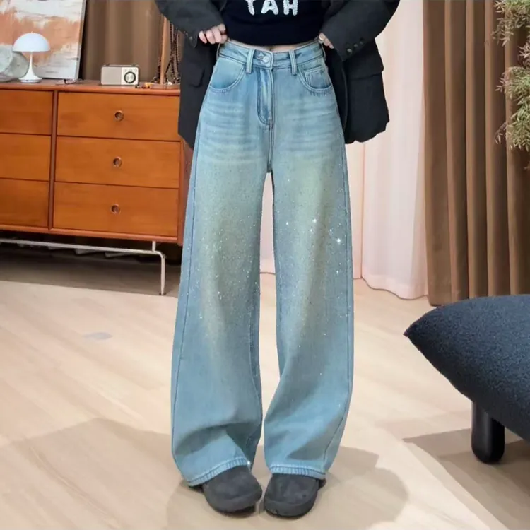 欧尼私服2025秋冬新款烫钻加绒水洗阔腿裤做旧牛仔裤2511C8487