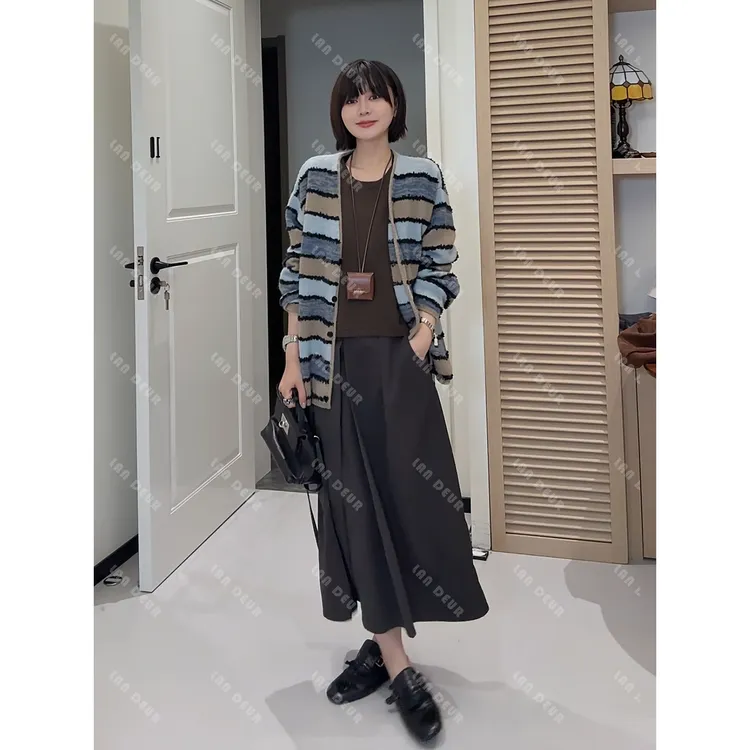 JIUJIU【怀旧风潮】时尚百搭气质休闲复古重工设计师宽松半身裙