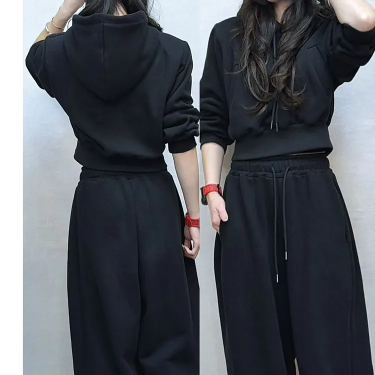 钥钥家欧韩女装休闲运动洋气阔腿连帽宽松加绒网红黑色百搭