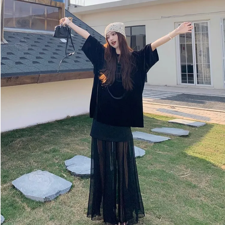 气质慵懒风套装女春季2025新款短袖气质T恤网纱拼接半身裙两件套