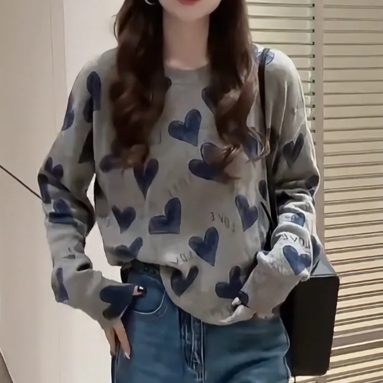 大码胖mm韩系慵懒爱心印花针织衫女秋季宽松显瘦百搭毛衣长袖上衣