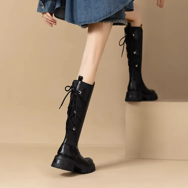 新款真皮后系带不过膝长靴女显瘦弹力黑色粗跟长筒靴高筒骑士靴女