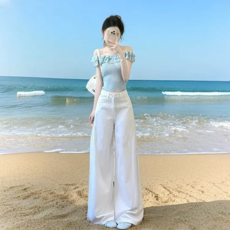 巨好看的夏一整套松弛韩系洋气减龄荷叶边一字肩纯欲慵懒风女装