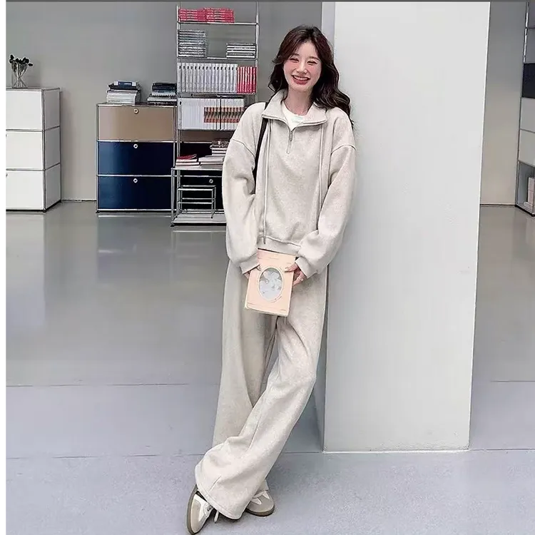 T118 秋冬韩系休闲慵懒风加绒立领卫衣阔腿长裤两件套套装