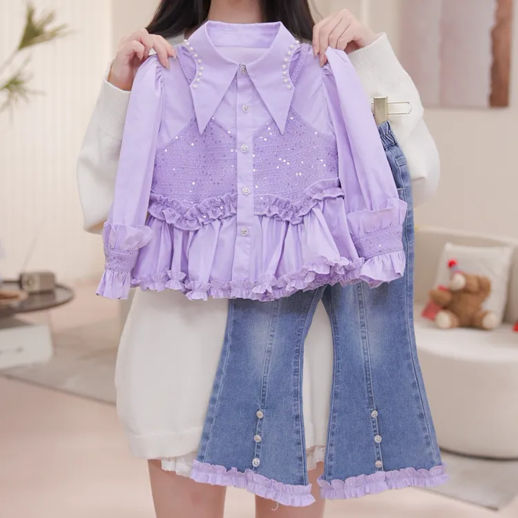 【紫曦】女童秋季欧若风套头少女风拼接套装女孩衬衫两件套Q17571