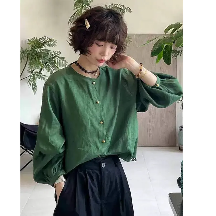 时尚港风长袖绿色衬衫女夏装2025新款减龄显瘦衬衣简约风百搭上衣