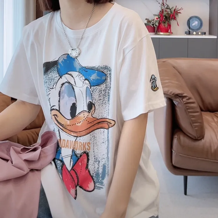 圆领卡通唐老鸭短袖T恤女潮2025年夏季新款设计感休闲百搭上衣ins