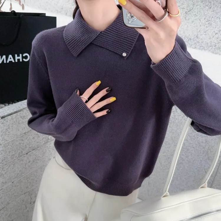 花倾慕韩系翻领纯色毛衣女秋冬不规则针织打底衫软糯内搭上衣6251