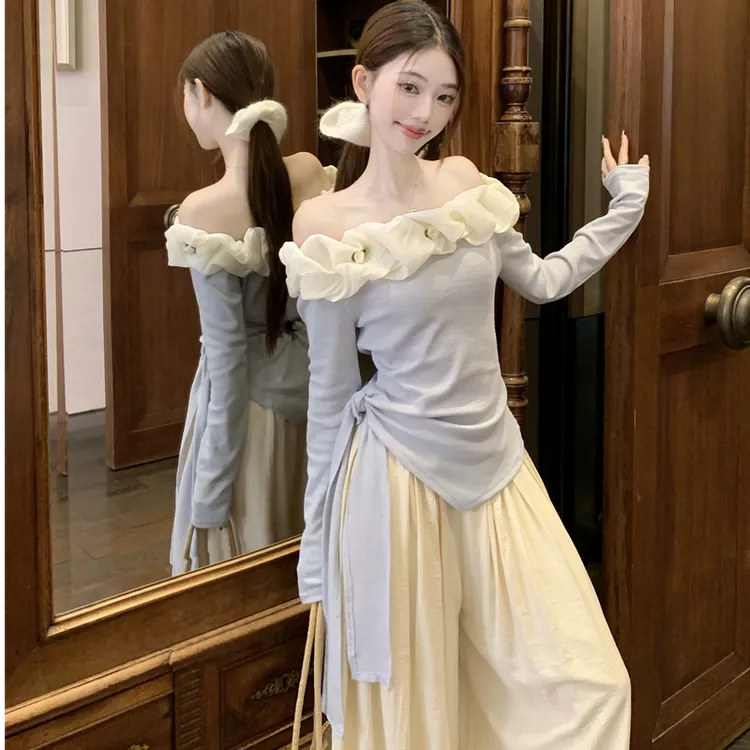 纯欲风花朵一字领不规则T恤上衣阔腿休闲裤女2025早春新款两件套