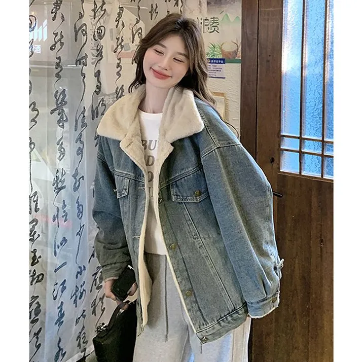 加绒加厚牛仔棉服外套冬装新款2025秋冬季韩版宽松棉衣派克服上衣
