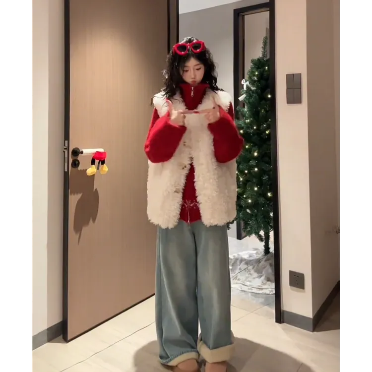 圣诞穿搭一整套2025秋冬新款时尚甜美减龄针织毛衣马甲裤子三件套