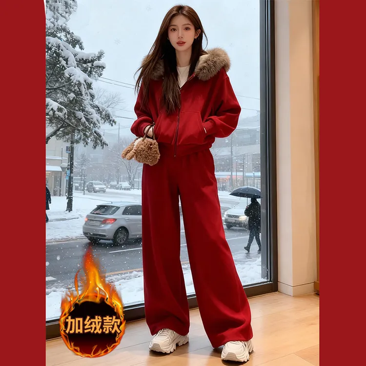 新年时尚休闲运动套装女2025冬加绒加厚红色外套上衣阔腿裤两件套