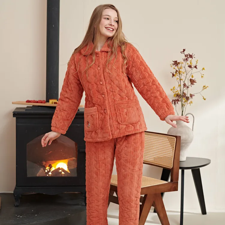 【精选】姬玛冬季三层加绒加厚夹棉保暖女士家居服套装219628