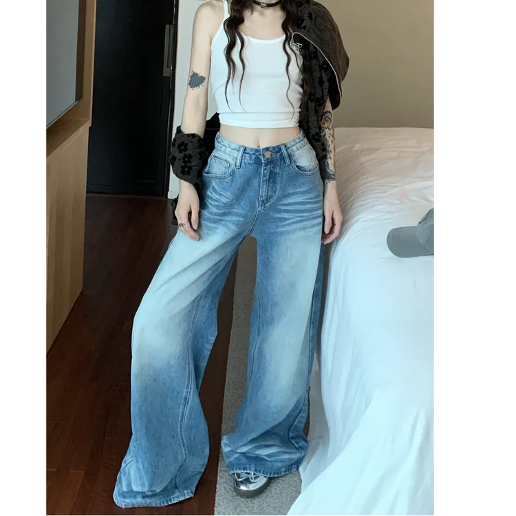 大码胖MM水洗浅蓝色阔腿牛仔裤女夏季美式高腰直筒裤子宽松长裤