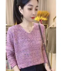 【幻彩星空】花边V领长袖套头衫气质时尚百搭宽松显瘦春季针织上衣