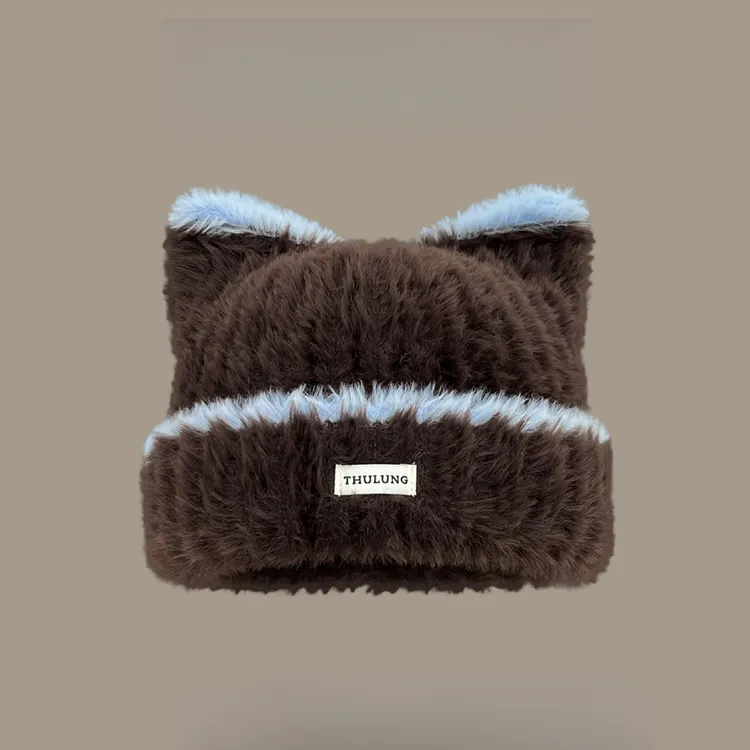 日系可爱猫耳朵毛绒针织毛线帽子女冬季保暖护耳百搭显脸小套头帽