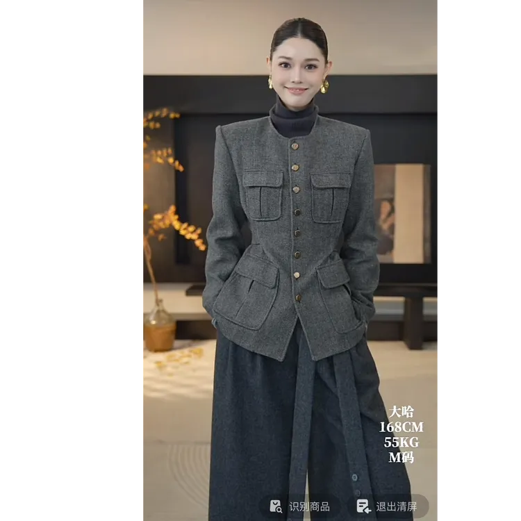 DENGDAHA「拉夫美学」复古风纽扣收腰圆领毛呢短外套HBZW800107