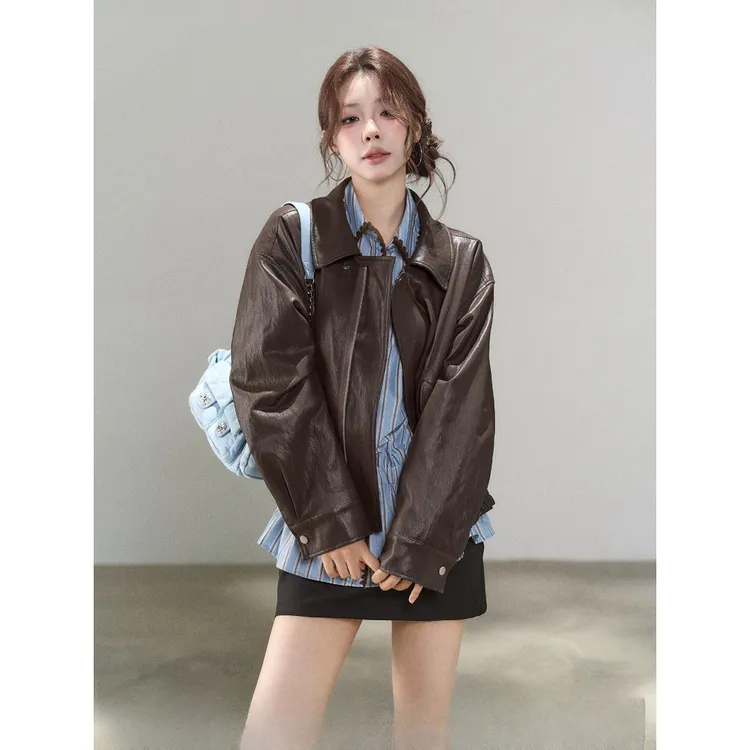 炽铂秋季款巨好看美式棕色高级感皮衣外套女百搭设计感短款夹克