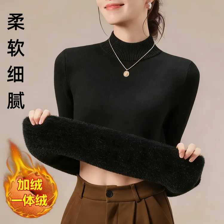 花容4店【加绒保暖】羊毛+水貂绒打底衫暖系流光加绒加厚一体绒
