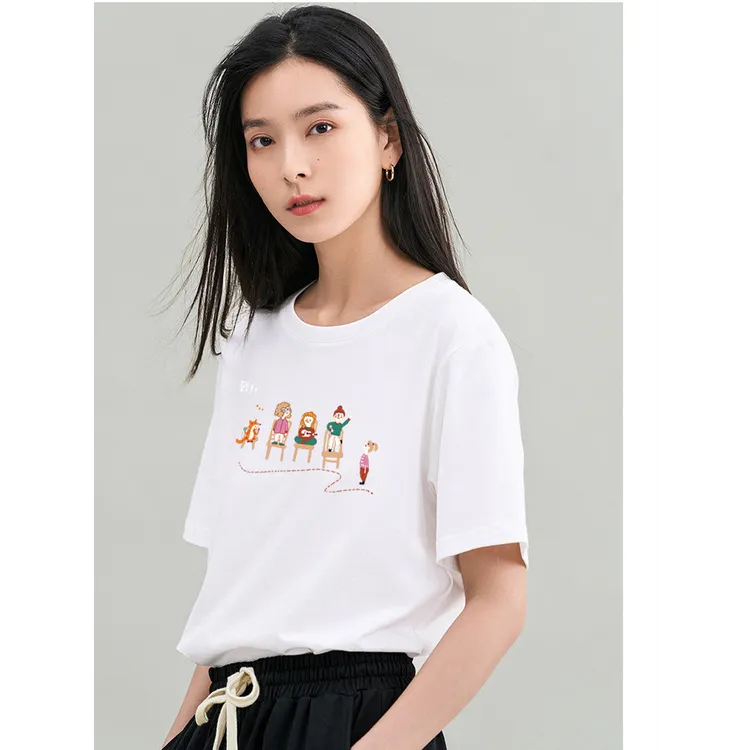 茵曼纯棉短袖T恤女25年夏季天蓝色趣味印花圆领百搭清新休闲内搭