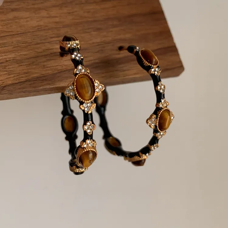 铜合金耳饰 秋冬美拉德虎眼石耳圈小众设计显脸小方圆脸耳饰耳环 