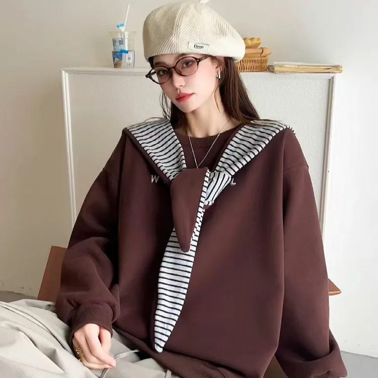 落肩袖卫衣上新套头上衣长款时尚数字加绒设计感圆领长袖韩版秋冬