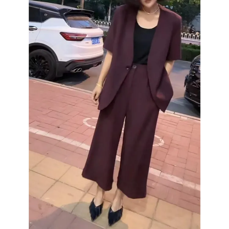 大码女装薄款西装九分阔腿裤套装胖mmV领西服洋气宽松一整套2830