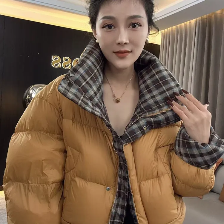 【耿老板1260#P】格子领拼接时尚精致短款面包服保暖战袍安心绒外套