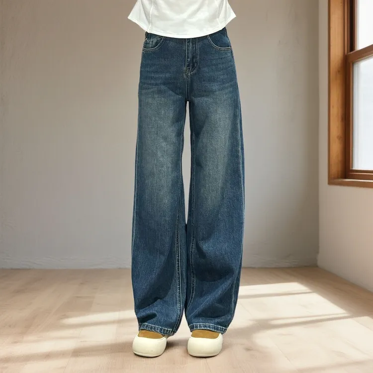 宿慕SUMU女士舒适百搭宽松牛仔阔腿裤2025秋季新款显瘦直筒牛仔裤