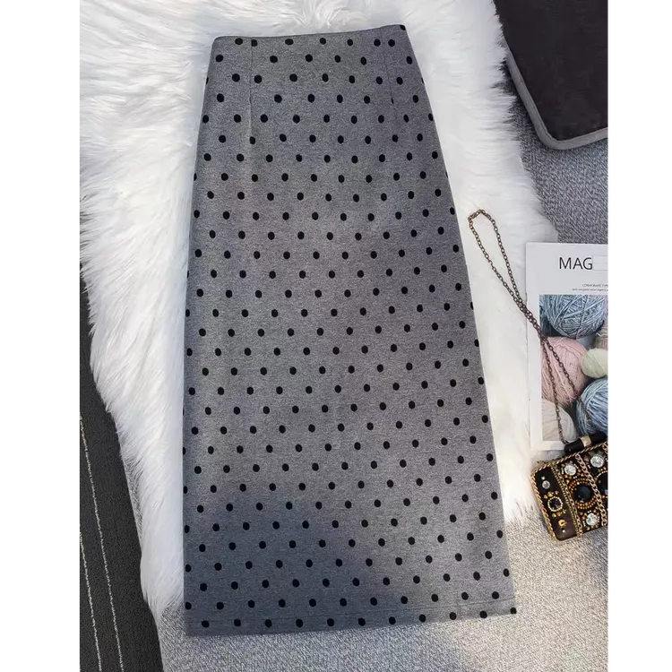 毛呢波点直筒半身裙秋冬厚款包臀裙2025新款A字中长款开叉裙子